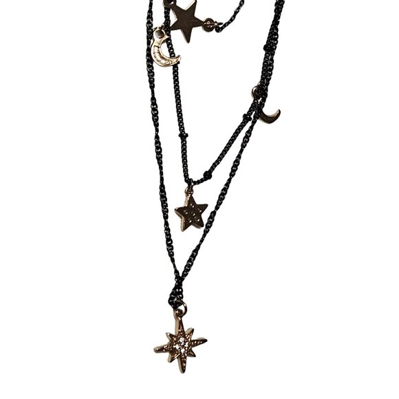Celestial Stars Moon Sunburst Charm Multi Strand Charm Necklace Black Chain - Picture 3 of 6